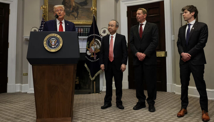 Donald Trump, SoftBank CEO Masayoshi Son, Larry Ellison, and Sam Altman. Photo: theguardian.com