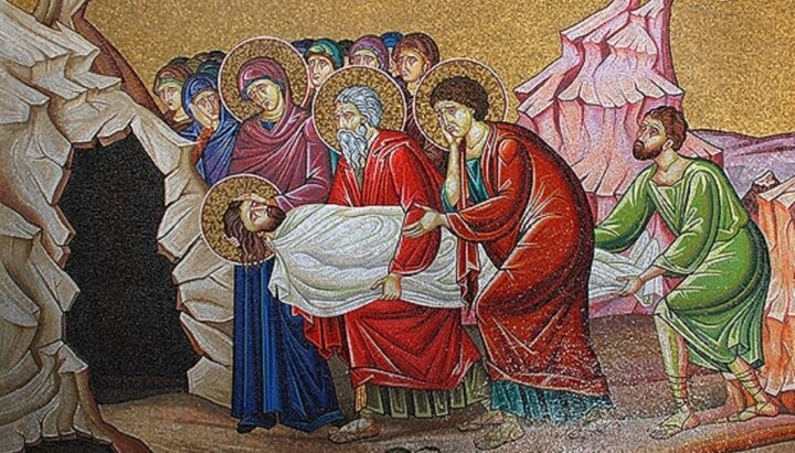 Положение во гроб. Мозаика храма Воскресения Христова в Иерусалиме. Фото из открытых источников