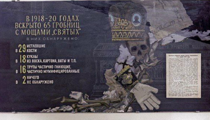 Советский плакат о вскрытии гробниц с мощами в 1918–1920 годах. Фото: Telegram-канал митрополита Луки