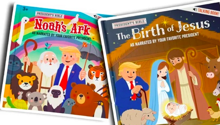 Обкладинки дитячих книг серії President’s Bible, в яких біблійні сюжети озвучені ІІ-версією Дональда Трампа. Фото: Baptist News.