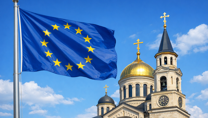 The EU flag and a Christian church as an illustration for the European Parliament resolution on the persecution of Christians. Photo: open sources