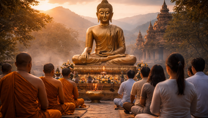 Golden Buddha in a temple at sunset. Photo: open sources