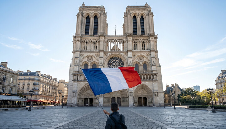 The French flag and Notre-Dame in the background. Photo: AI-generated