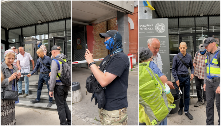 Прихильники ПЦУ біля будівлі Шостого апеляційного адмінсуду в Києві під час засідання за позовом ДЕСС проти Київської митрополії УПЦ. Фото: «Перший козацький»