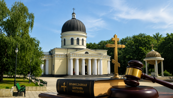 Иллюстративное изображение храма Православной Церкви Молдовы, креста и судейского молотка. Фото: СПЖ