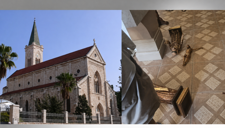 The Church of Saint Anthony of Padua in Jaffa and the aftermath of the vandalism inside the church. Photo: Tribune chretienne