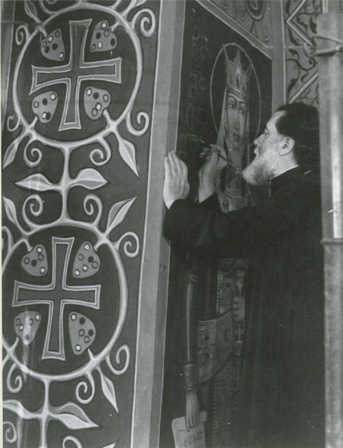 The Archpastor working on frescoes of the Church of the Mother of God in Didube
